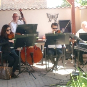 Eine Musikerin und drei Musiker sitzen unter einem Holzpavillon. Zwei von ihnen spielen Violine, einer Kontrabass und einer Trommel. Ganz rechts steht noch ein Keyboard. Vom Musiker sind nur die Hände zu sehen.